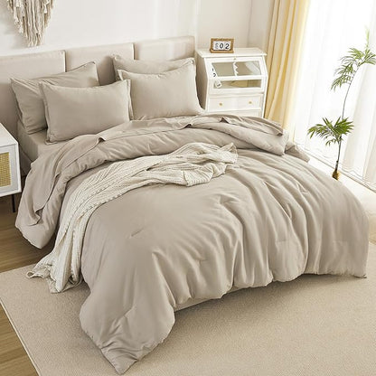 Litanika Super King Comforter Set Oatmeal - 7 Pieces Bed in a Bag Oversized King Bedding Comforter Sets, Solid Lightweight Bed Set with Comforter, Sheets, Pillowcases & Shams