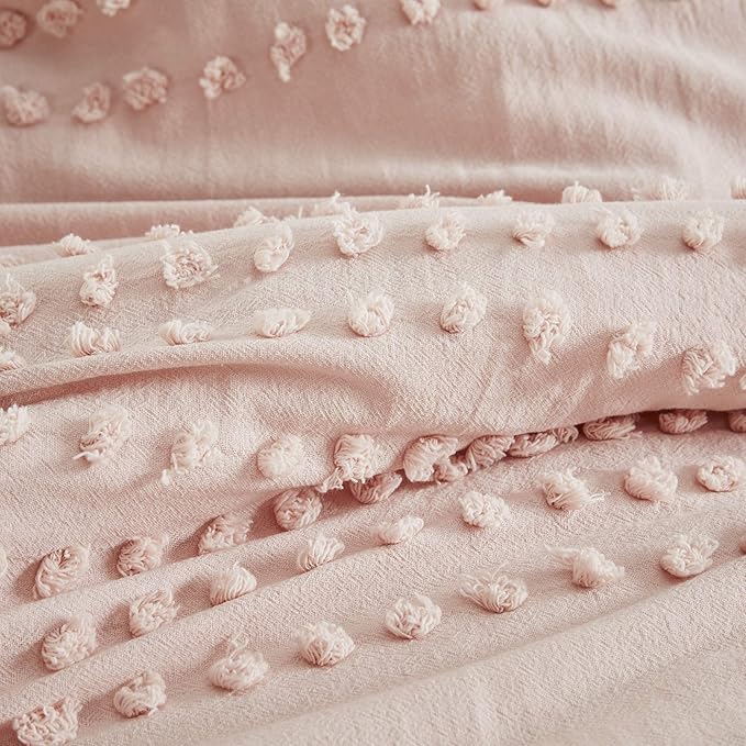 Comfort Spaces Cotton Comforter Set Jacquard Pom-Pom Tufts Design, Down Alternative, All Season Modern Bedding, Matching Shams, Twin/Twin XL, Phillips, Blush