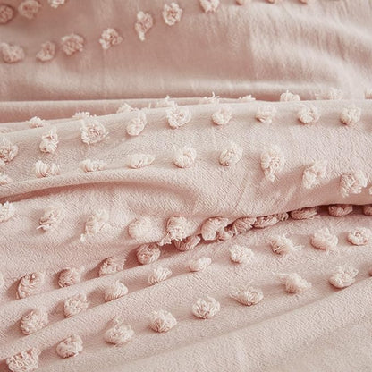 Comfort Spaces Cotton Comforter Set Jacquard Pom-Pom Tufts Design, Down Alternative, All Season Modern Bedding, Matching Shams, Full/Queen, Phillips, Blush