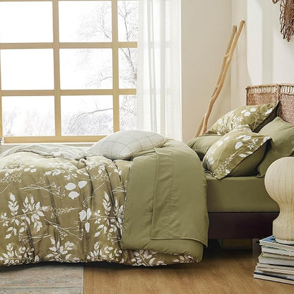 Bedsure King Size Comforter Set - 7 Pieces Floral Olive Green Soft Bedding Sets, King Bed in a Bag with Botanical Flowers Comforter, Sheets, Pillowcases & Shams