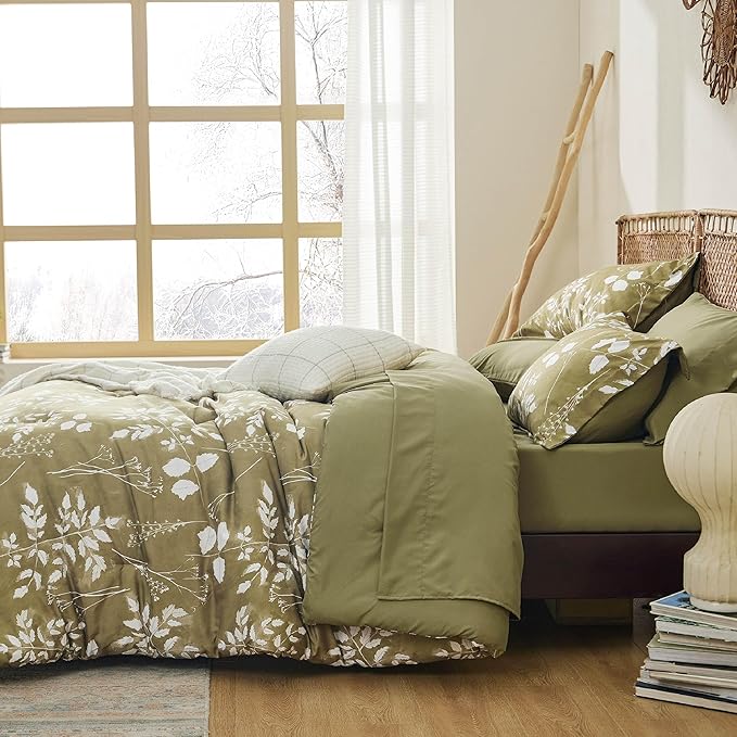 Bedsure Twin Comforter Set - 5 Pieces Floral Olive Green Soft Bedding Sets, Twin Bed in a Bag with Botanical Flowers Comforter, Sheets, Pillowcase & Sham