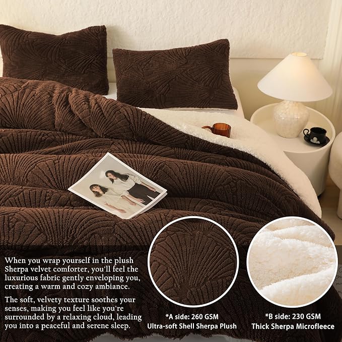 Seashell Jacquard Sherpa Comforter Set Warm Cozy Premium Bedding 3 Pieces, King Size Geometric Pattern Quilt Comforter with 2 Pillowcases(104"X90" Coffee)