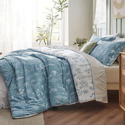 Bedsure Full Comforter Set - Mineral Blue Bed Set, 3 Pieces Cute Floral Bedding, 1 Soft Reversible Botanical Flowers Comforter and 2 Pillow Shams