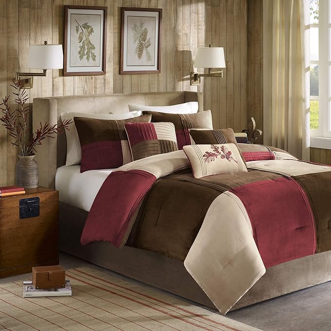 Madison Park Cozy Comforter Set Casual Blocks Design All Season, Matching Bed Skirt, Decorative Pillows, Cal King(104"x92"), Red Brown, 7 Piece