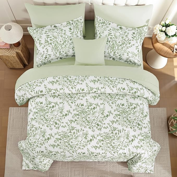 WONGS BEDDING 8 Pieces King Size Comforter Set Green,Sage Green Floral Bed in a Bag Comforter Sets, Soft Reversible Botanical Flowers Bedding Sets for All Season (90"x104")