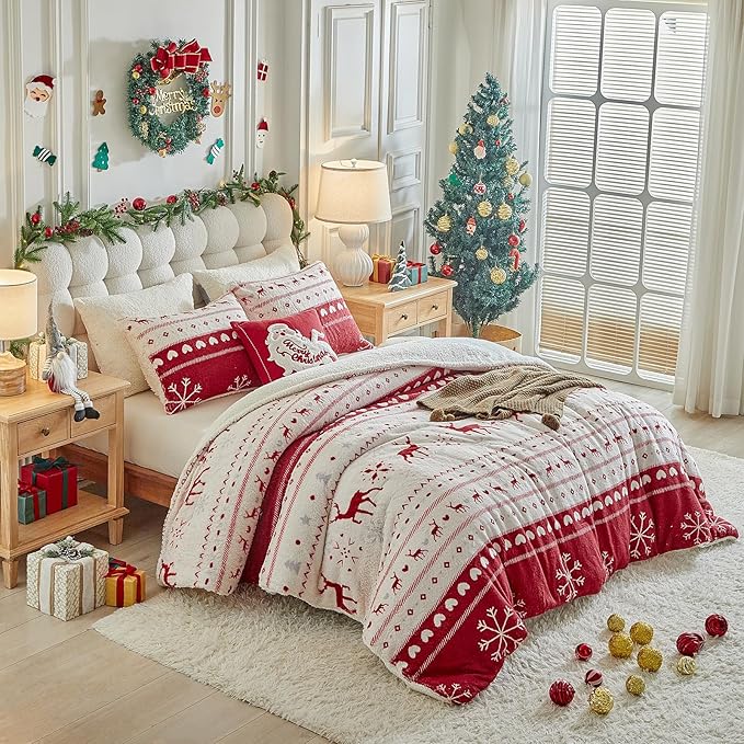 Christmas Sherpa Comforter Set Twin Size 3 Pieces Red Stripes Cream Heart Deer Holiday Winter Bedding Microfiber Warm Fleece Comforter with 2 Pillow Shams - Thanksgiving New Year Gift Choice