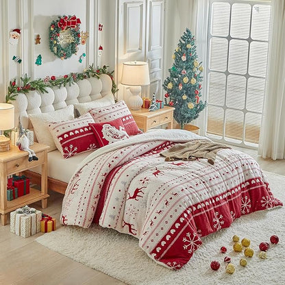 Christmas Sherpa Comforter Set Twin Size 3 Pieces Red Stripes Cream Heart Deer Holiday Winter Bedding Microfiber Warm Fleece Comforter with 2 Pillow Shams - Thanksgiving New Year Gift Choice