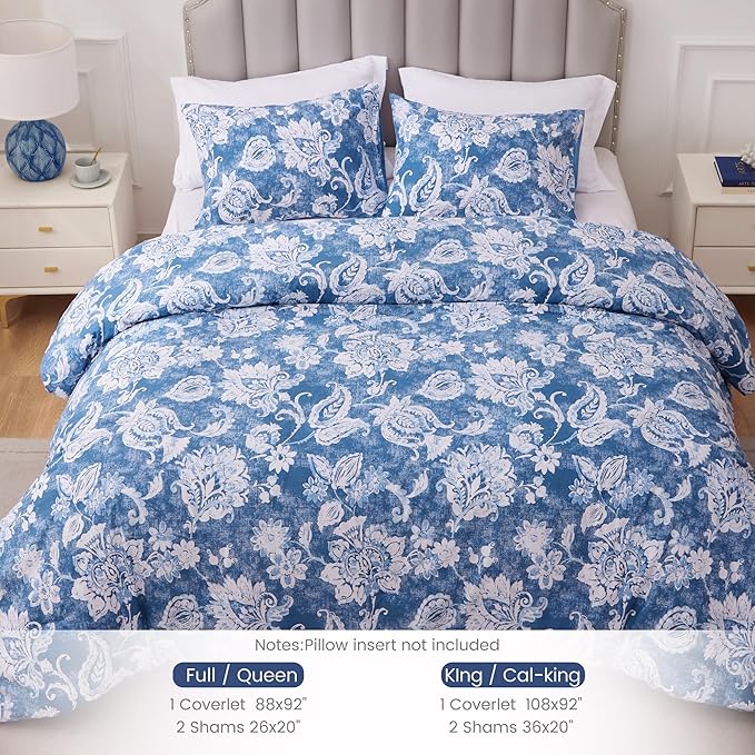 Sophia & William Blue and White Floral Queen Size Comforter Set, 3 Pcs Cotton Comforter Set with Flower Pattern Printed Comforter & 2 Pillowcases, All Season Lightweight Bedding Set