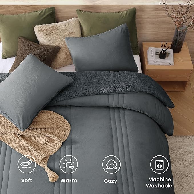 Monbix Fluffy Full Comforter Set Blue Grey, Sherpa Plush Fuzzy Comforter 3 Piece for Full Size Bed, Luxury Soft Winter Warm Bedding Set