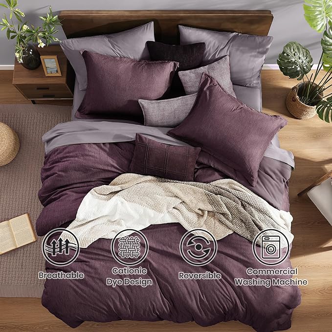 Monbix Full Size Comforter Set, Italian Plum Bedding Comforter for Full Size Bed Set Reversible, Bedding Sets Full 7 Pieces, Cationic Dyeing Bed in a Bag with Comforter, Sheets, Pillowcases & Shams