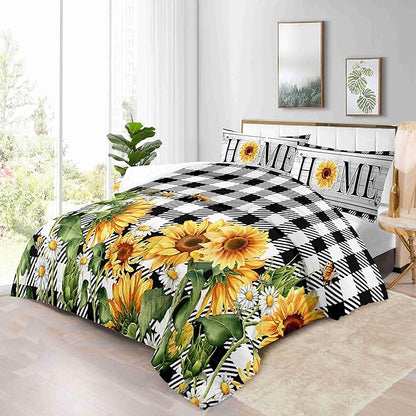 Spring Sunflower Comforter Set King Size Black and White Buffalo Plaid Printed Quilt Bedding Set with 1 Comforter and 2 Pillow Covers for Bedroom Dormroom All Season