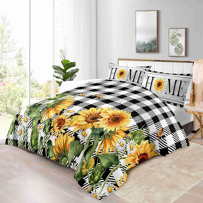 Spring Sunflower Home Full Size Comforter Set with 2 Pillowcases, Buffalo Plaid Black and White Pillow Shams Printed Soft 3 Pcs Bedding for Kids and Adults Bedroom Bed Decor Dormroom All Season
