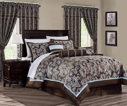 Chezmoi Collection Tuscany 7-Piece Blue Brown Paisley Floral Jacquard Comforter Bedding Set, Queen Size