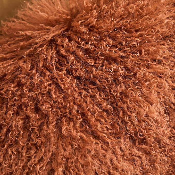 Genuine Mongolian Lamb Fur Pillow Cover – 12"x20" Rectangular Cushion Case – Soft Curly Wool Decorative Accent for Sofa, Bed, or Chair (Warm Terracotta)
