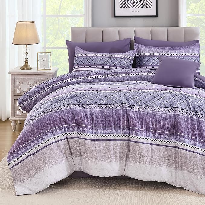 WONGS BEDDING 8 Piece King Size Comforter Set, Texture Striped Bed in a Bag Purple Comforter and Sheet Set, Boho Lightweight Microfiber Bedding Set for All Season (90"×104")