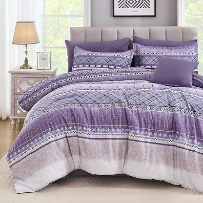 WONGS BEDDING 8 Piece King Size Comforter Set, Texture Striped Bed in a Bag Purple Comforter and Sheet Set, Boho Lightweight Microfiber Bedding Set for All Season (90"×104")