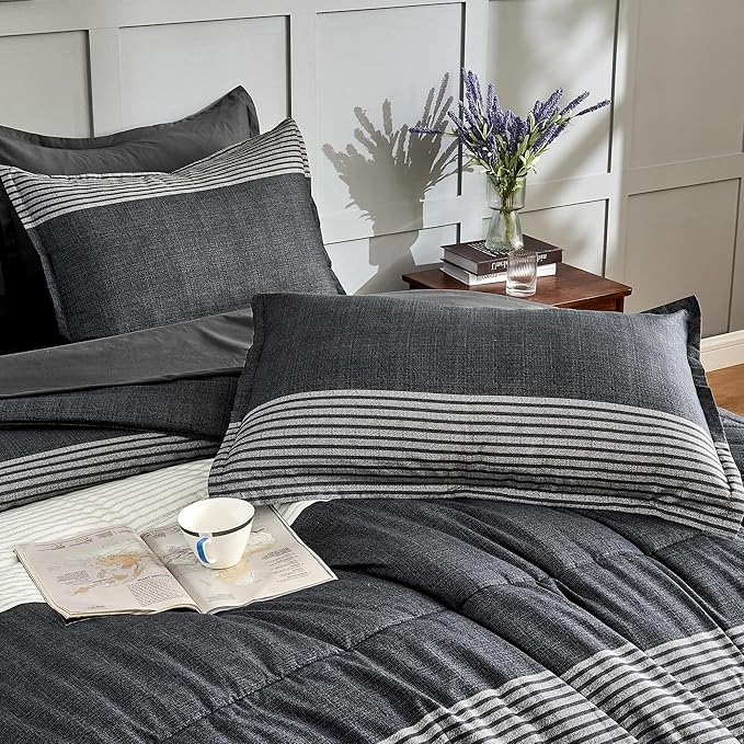 Andency Comforter Set Black White Grey Oversized King(120"x98")- 7 Pieces Striped Lightweight Bed in a Bag, Soft Reversible Bedding Set with Comforter, Fitted & Flat Sheet, Pillowcases & Shams