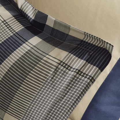 Intelligent Design Robbie 9-Piece Queen Comforter Set – Lightweight All-Season Plaid Bedding, Navy/Tan, Cozy Bed-in-a-Bag with Matching Shams & Decorative Pillow, Modern Casual Style