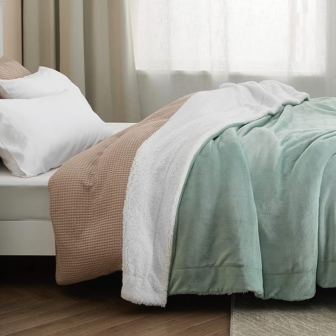 Bedsure GentleSoft Sherpa Fleece Blankets Queen Size for Bed - Thick and Warm Throw for Women and Men, Soft Fuzzy Plush Queen Blanket for Winter, Non-Heated, Sage Green, 90x90 Inches