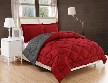 Elegant Comfort Goose Down Alternative -Diamond-Stitched- Quilted 2-Piece Reversible Comforter Set/Duvet Insert Soft Bedding-Medium Warmth for All Seasons, Twin/Twin XL, Burgundy/Grey