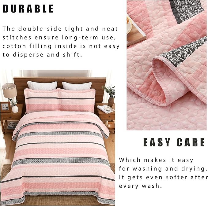 Homzard Quilts Queen Size, Cotton Comforter Set, Light Pink and Grey Queen Bed Set, Lightweight Striped Bedding, Farmhouse Bedspread All Season 3 Pieces
