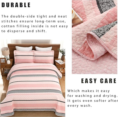 Homzard King Size Comforter Set, Cotton Quilt,Light Pink and Grey Bedding Set,Lightweight Striped Bedspread, Reversible Coverlet King Size (106"X98") with 2 Pillow Shams All Season