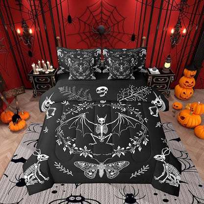 Moth Animal Comforter Set in a Bag 7 Pieces,Gothic Skull Boho Flower Bed Set Twin,Bohemian Exotic Skeleton Bedding Sets,(1 Comforter,2 Pillowcase,2 Pillow Covers,1 Flat Sheet,1 Fitted Sheet)