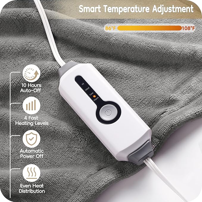 Electric Heated Blanket Twin Size 62"×84", Breathable & Luxurious Flannel, Soft Warm Gift with Over-Heat Protection, 4 Heating Levels & 10 H Auto Shut Off, Machine Washable, Light Grey