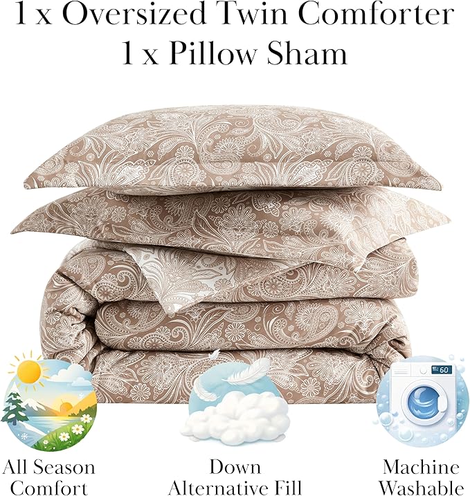 Southshore Fine Living, Inc. Extra Long Twin Comforter & Matching Pillow Sham, Reversible Down Alternative Paisley Bedding Set, Taupe/White