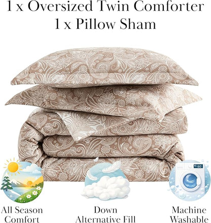 Southshore Fine Living, Inc. Extra Long Twin Comforter & Matching Pillow Sham, Reversible Down Alternative Paisley Bedding Set, Taupe/White