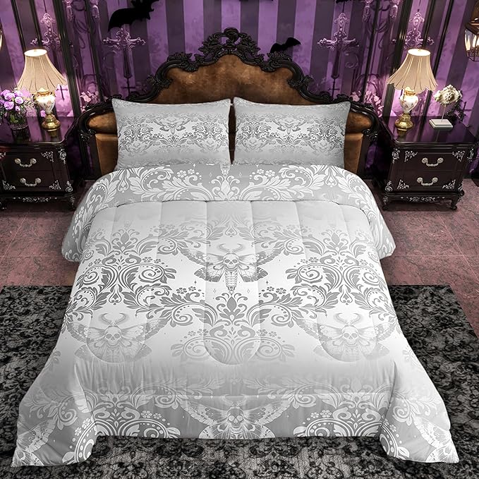 Feelyou Adults Silver Vintage Damask Floral Comforter Set Oriental Antique Comforter Queen Size Gothic Bohemia Boho Flower Bedding Set Gothic Skull Duvet Set Quilt Set 3Pcs