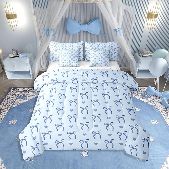 Erosebridal Blue Love Hearts Bowknot Full Comforter Set 7 Pieces | Ribbon Girly Kids Bed in A Bag for Bedroom Cute Dreamy Bow Kawaii Bedding Set with Comforters Adults Women Teens Room Decor
