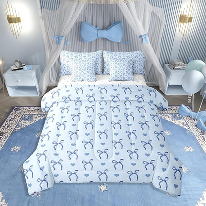 Erosebridal Blue Love Hearts Bowknot 7 Piece Bedding Set Twin | Ribbon Girly Kids Comforter Set with Sheets Cute Dreamy Bow Kawaii Bed in A Bag Adults Women Teens Bed Sets