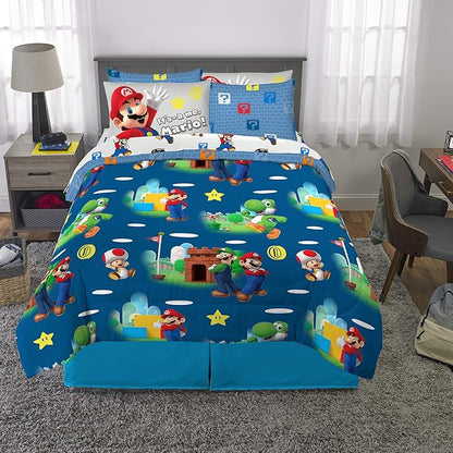 Super Mario Bros Kids Bedding Super Soft Cozy Comforter and Sheet Set with Sham, 7 Piece Full Size Nintendo Gamer Bed Set, (100% Officially Licensed Product) by Franco