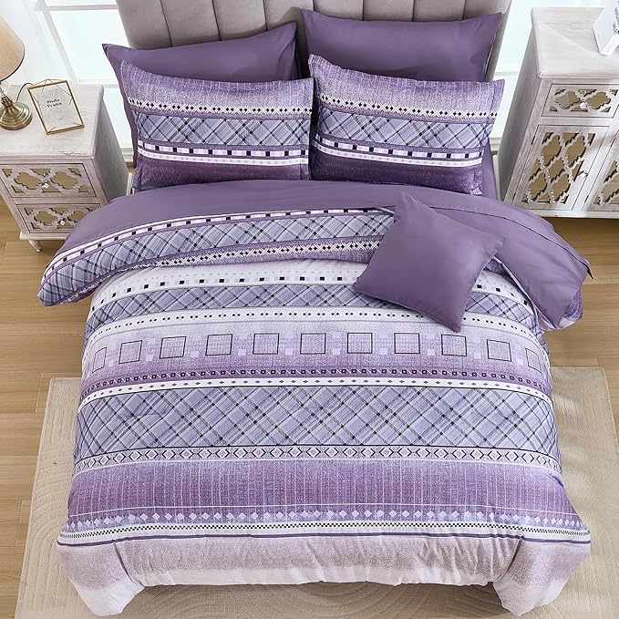 WONGS BEDDING 8 Piece Queen Size Comforter Set, Texture Striped Bed in a Bag Purple Comforter and Sheet Set, Boho Lightweight Microfiber Bedding Set for All Season (90"×90")