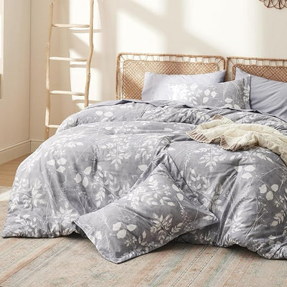 Bedsure Queen Comforter Set - 7 Pieces Floral Grey Soft Bedding Sets, Queen Bed in a Bag with Botanical Flowers Comforter, Sheets, Pillowcases & Shams