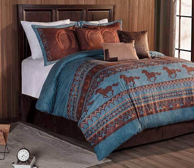 Chezmoi Collection Sedona 7-Piece Southwestern Wild Horses Microsuede Bedding Comforter Set, California King, Turquoise Blue