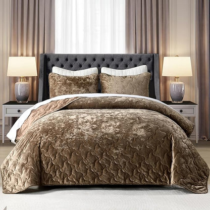 Homzard Luxury Velvet Quilt Set Queen Size Bedding, Mocha Brown Comforter Set, Ultra-Soft Striped Channel Stitch All Season Comforter, Thermal Bedspread Coverlet with 2 Pillow Shams