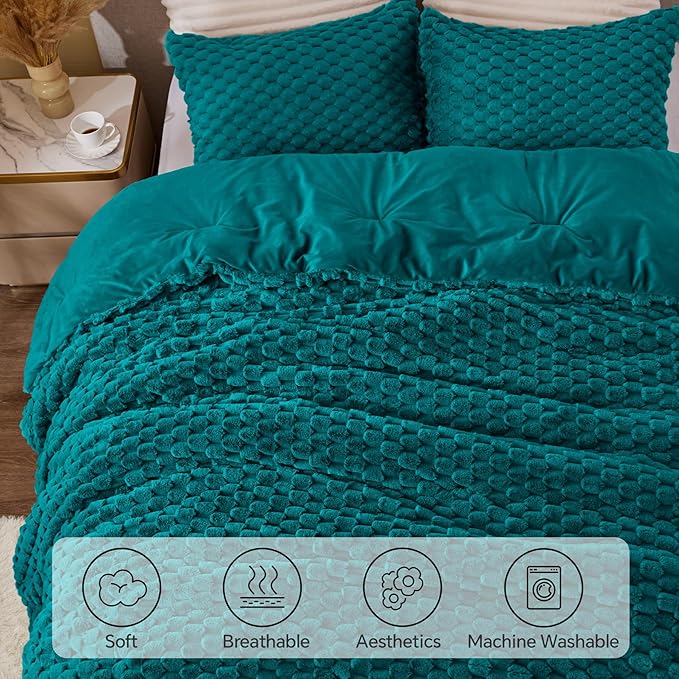 BEDELITE Fluffy Queen Comforter Set - Teal Fleece Soft Comforter for Queen Size Bed, Luxury Warm Bedding Set for Winter, Fuzzy Bed Set 3 Pieces (1 Comforter, 2 Pillowcases)