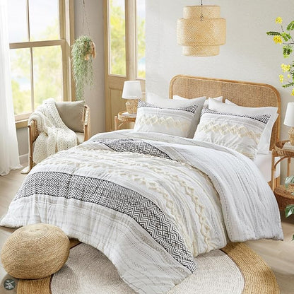 Hyde Lane Farmhouse Bedding Comforter Sets King, Ivory Boho Bed Set,Cotton Top with Modern Neutral Style Clipped Jacquard Stripes, 3-Pieces Including Matching Pillow Shams (104x90 Inches)