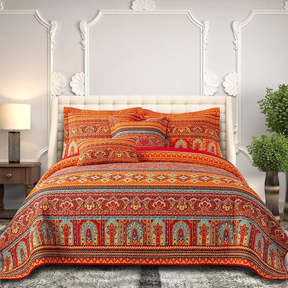 BEDIFANY Cotton Twin Size Bedspreads Set - Lightweight Boho Quilts Twin Size (68 * 86 Inch) - Colorful Orange Quilted Stripe Quilt Bedding Sets with Pillow Sham for Decorations Coverlet, 2 Pieces