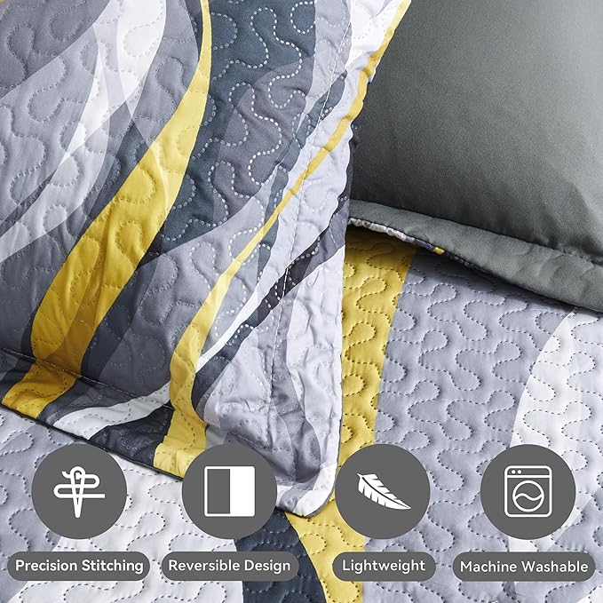 weesire Classic Line Pattern Bedding Quilt King Size Modern Grey Yellow and White Stripe Quilt with 2 Shams, Gray and Yellow Comforter Sets Lightweight Breathable Bedspreads Coverlet, 96''x106''