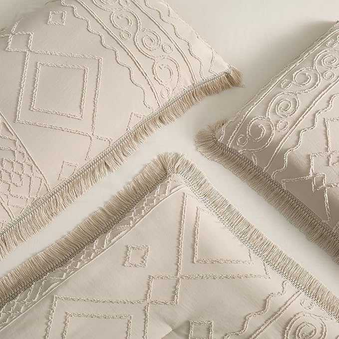 Boho King Size Comforter Set Beige 3 Pieces Tufted Tassel King Comforter Set Prime Lightweight Down Comforter King Size Beige Shabby Chic Boho Bedding Farmhouse Fluffy Comforter Bed Set Gift Choice