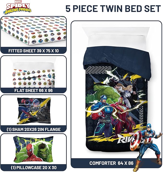 Jay Franco Kids Comforter Set Includes Sheets and Pillow Covers - Soft and Cozy Bed Set for Stylish Room Decor, Official Licensed Bedding, Multi - Marvel Rivals, 5 Piece Twin