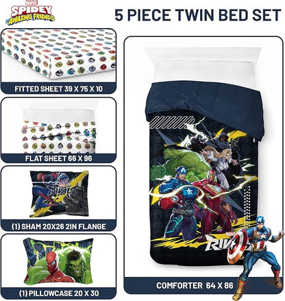 Jay Franco Kids Comforter Set Includes Sheets and Pillow Covers - Soft and Cozy Bed Set for Stylish Room Decor, Official Licensed Bedding, Multi - Marvel Rivals, 5 Piece Twin