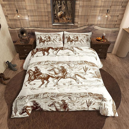 Erosebridal Western Comforter Set Queen Size Cowboy Bedding Set American Wild West Desert Hand Drawn Illustration Down Comforter Country Theme Bedroom Decor Duvet Set for Boys Men Teens