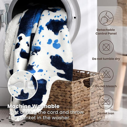 Cow Print Heated Blanket Twin-Heating Electric Blanket Twin with 10 Heat Levels & 10 Hours Auto-Off, Cozy Soft Fleece Sherpa, Washable, 62 x 84 Inche Cow Print Blue