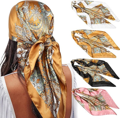 AWAYTR 35” Satin Large Square Head Scarves - 4PCS Silk Like Neck Scarf Hair Sleeping Wraps Satin Silk Scarfs for Women