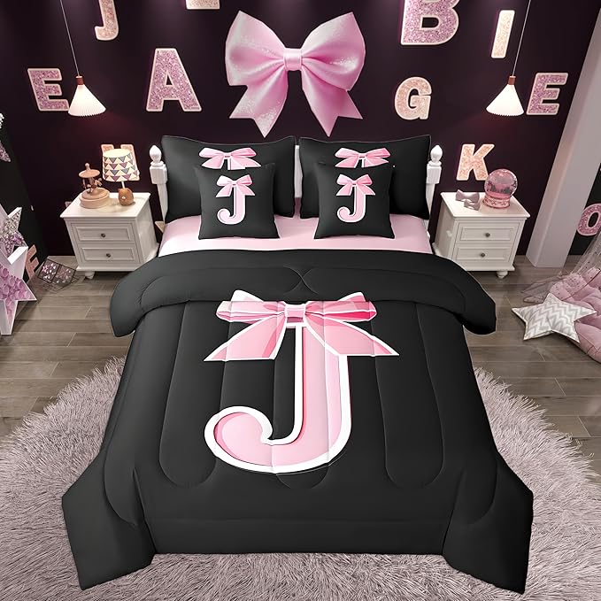 jejeloiu Kids Girls Black Pink Bow Comforter Set with Sheets Queen Size Monogrammed 7 Piece Bedding Set Personalized Initial J Bed in a Bag with Comforter,Sheets,Pillowcases Modern Fashion Bed Set