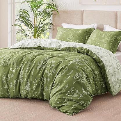 Love's cabin Olive Green Twin Comforter Set - Twin XL Size Comforter Set Dorm Bedding, 2 Pieces Cute Floral Bedding, Soft Reversible Flowers Comforter, 1 Comforter & 1 Pillow Sham